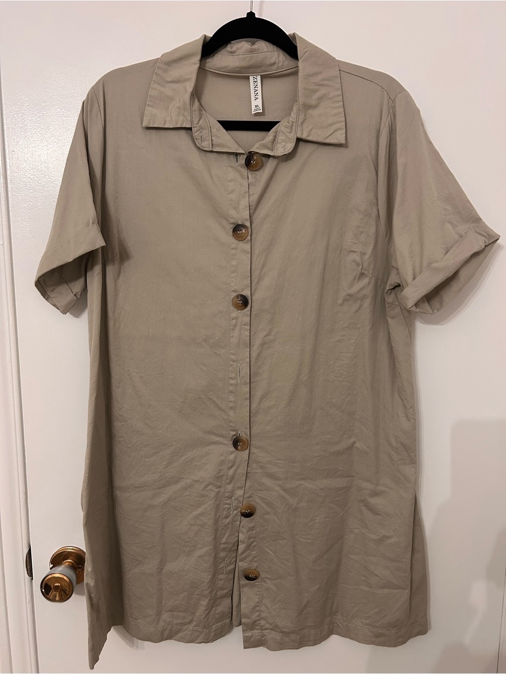 Zenana Outfitters Khaki Button-Front Collared Shirt Dress